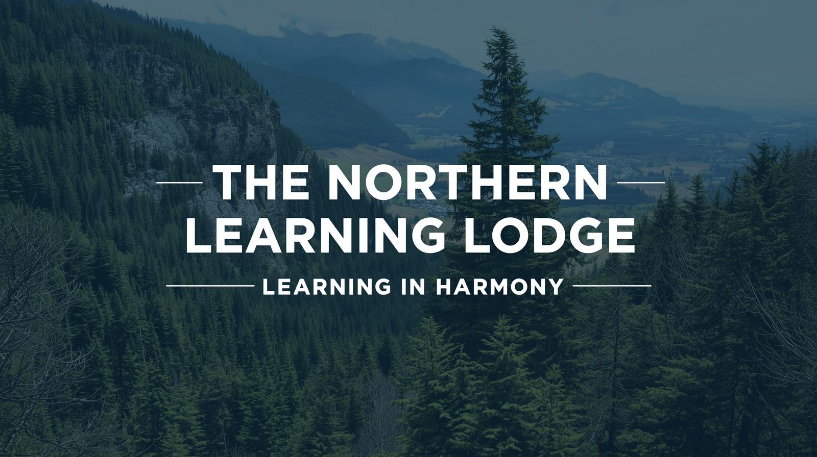 The Northern Learning Lodge — Learning in Harmony, over a northern mountain and forest landscape.